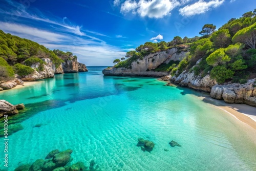Crystal clear turquoise waters and white sandy beach of Cala Macarelleta in Menorca Island , Menorca photo