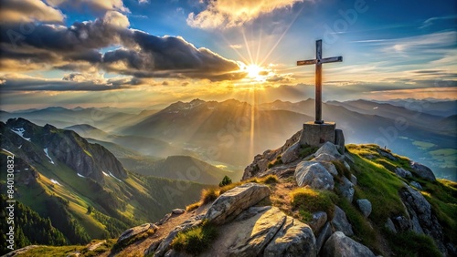A serene mountain landscape with a cross on the summit, symbolizing hope, faith, and the journey of life, Cross, Church, Mountain, Religion, God, Grief, Hope, Heaven, Death, Deceased, Sun