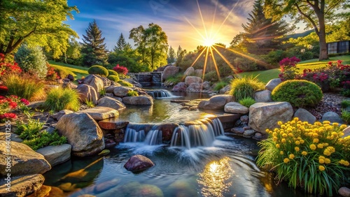 Beautiful garden with a flowing water stream by rocks with sun reflections , Garden, water, stream, rocks, sun reflections, beautiful, peaceful, serene, nature, landscape, tranquility, Zen