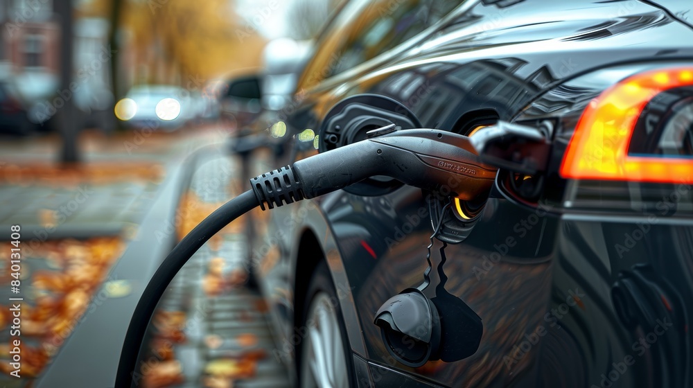 A close-up view of an electric vehicle charging plug connected, symbolizing the shift towards sustainable transportation. A close-up view of an electric vehicle charging plug connected, symbolizing the shift towards sustainable transportation.