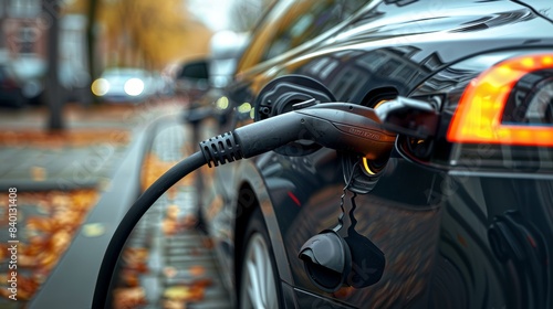 A close-up view of an electric vehicle charging plug connected, symbolizing the shift towards sustainable transportation.
