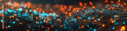 Dynamic technology background featuring orange and blue dots connected in a detailed plexus network photo