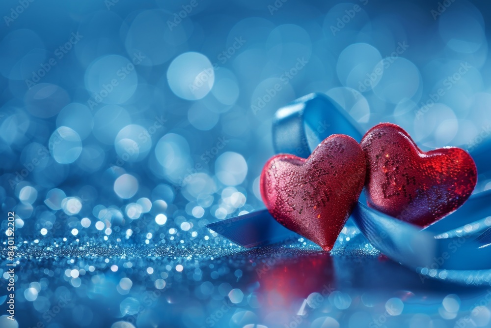 Fototapeta premium Pair hearts blue ribbon