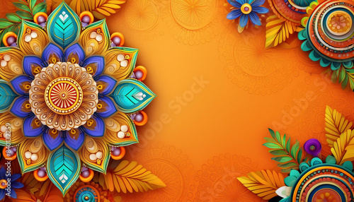 Greeting card banner for festival. Colorful floral mandala patterns on a vibrant orange background