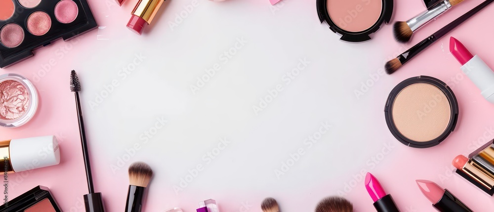 Beauty products displayed on a light blue backdrop, creating a striking contrast and highlighting their elegance Beauty products displayed on a light blue backdrop, creating a striking contrast and highlighting their elegance