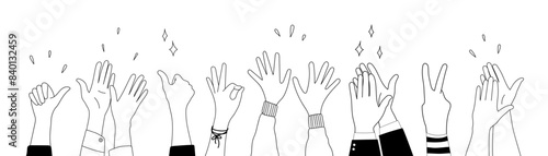 Doodle sketch hands up gestures comic icons silhouettes vector set. Group of line art fun comic hands in the air. Voting or happy congratulation audience recognition symbols.