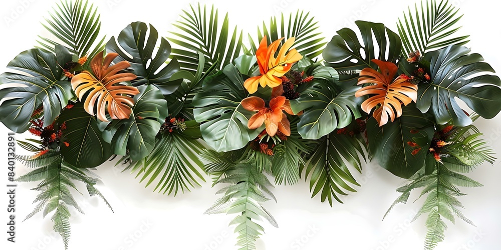 custom made wallpaper toronto digitalTropical foliage plant arrangement with Monstera and palm leaves on white background. Concept Tropical Plants, Foliage Arrangement, Monstera Leaves, Palm Leaves, White Background