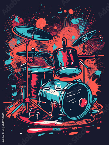 Drum set on grunge background with splashes. Vector illustration.
