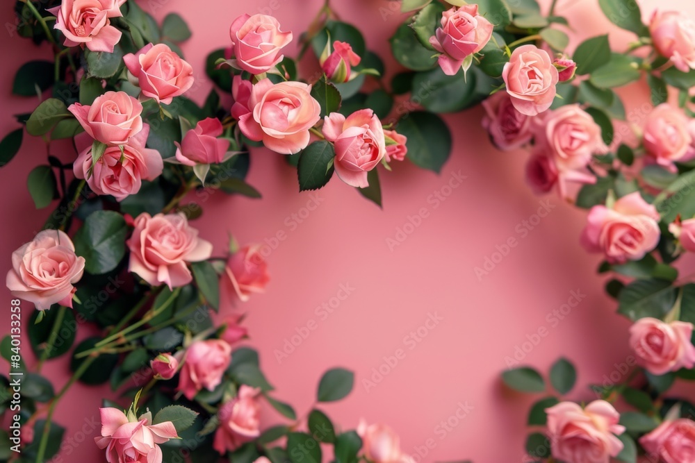 Pink roses wreath on pink backdrop Pink roses wreath on pink backdrop