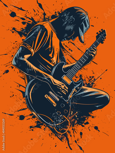 Guitar player on a grunge background. Vector illustration.
