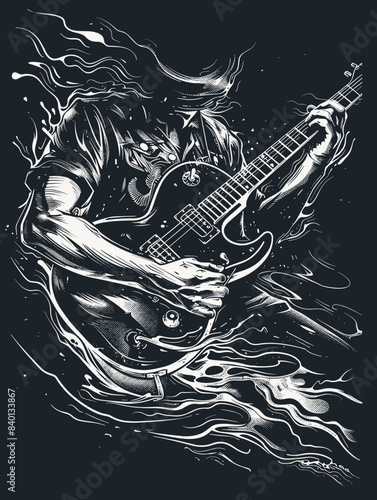 Guitar player. Vector hand drawn illustration on chalkboard.