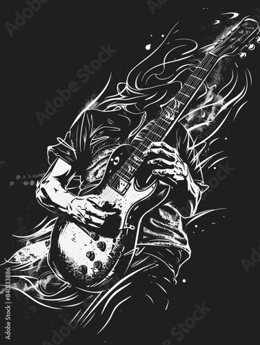 Guitar player. Hand drawn vector illustration on black background.