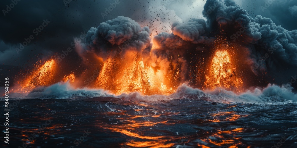 Fototapeta premium There is a volcanic eruption occurring in the middle of the ocean
