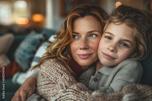 Woman child hug couch