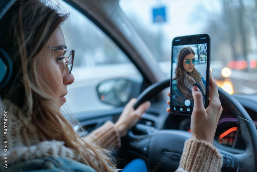 Woman in car taking selfie with headphones Woman in car taking selfie with headphones