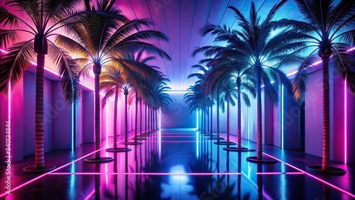 Room with palm trees and neon light at the end of the room , tropical, interior, vibrant, colorful, plants, foliage, atmosphere, serene, exotic, relaxation, vacation, paradise, design © Sangpan