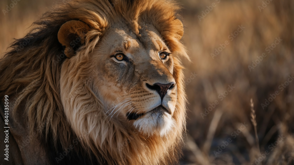 Male Lion with Lush Mane and Negative Space in the African Savanna Male Lion with Lush Mane and Negative Space in the African Savanna