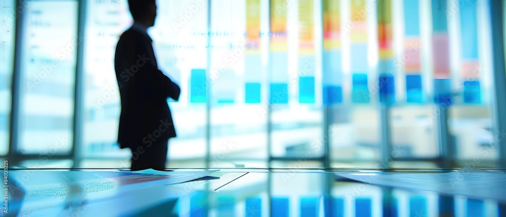 business man and graphs in front of a window business man and graphs in front of a window