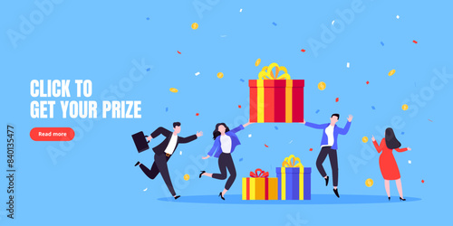 Get online incentive gift benefit reward and gifts, earn loyalty program points. Get loyalty card and customer service business concept flat design vector illustration. Tiny people with big gift boxes