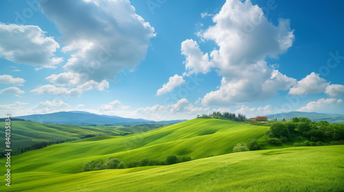 beautiful landscape of rolling green hills under a clear blue sky with fluffy white clouds