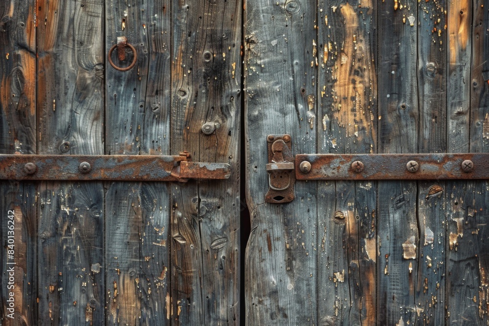 Detailed view of weathered wooden door with old latch Detailed view of weathered wooden door with old latch