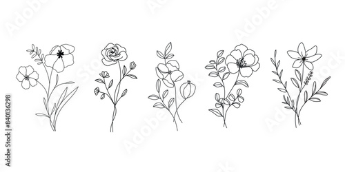 minimal line flower and botanical graphic sketch drawing  trendy tiny tattoo design  floral elements vector illustration