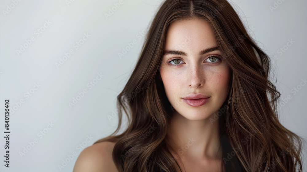 Caucasian woman with long hair. Her features are elegant and serene, exuding a sense of confidence and beauty. Caucasian woman with long hair. Her features are elegant and serene, exuding a sense of confidence and beauty.