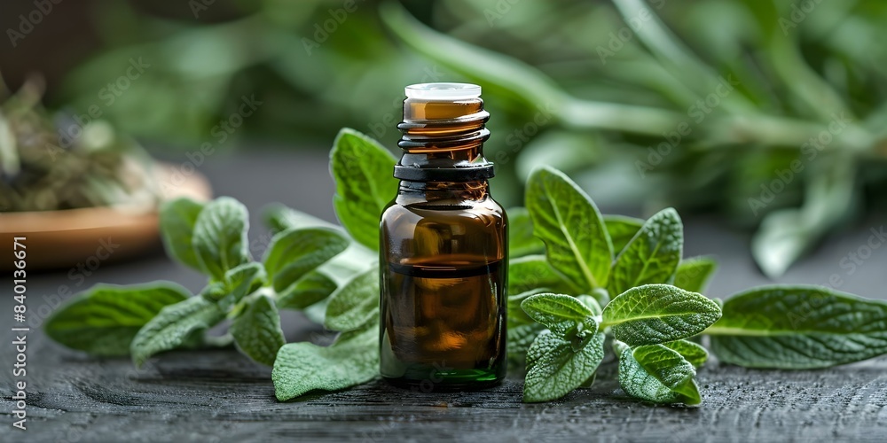 Herbal essential oil in a bottle for aromatherapy and relaxation purposes. Concept Aromatherapy, Essential Oils, Herbal Remedies, Relaxation Techniques Herbal essential oil in a bottle for aromatherapy and relaxation purposes. Concept Aromatherapy, Essential Oils, Herbal Remedies, Relaxation Techniques