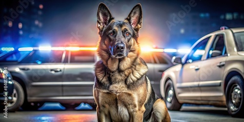 Trained police dog sitting in front of a patrol car with emergency lights , German Shepherd, police dog, patrol car, emergency lights, law enforcement, K-9 unit, trained, canine photo