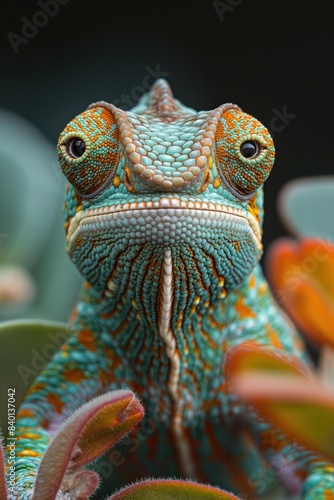 Vibrant close-up of a chameleon with intricate scales and bright colors  standing among green leaves  showing its unique eyes and textured skin