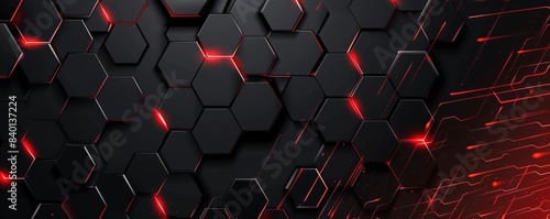 Dynamic black background with glowing red lines and hexagons. Perfect for high-tech designs, digital art, and modern, futuristic themes. photo