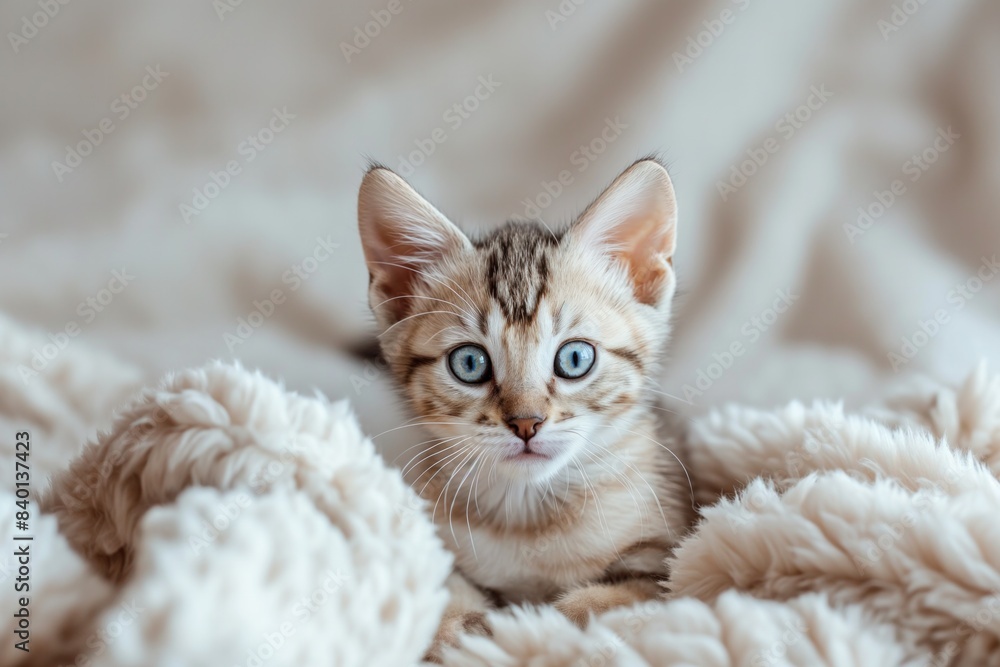 A Bengal kitten with bright blue eyes snuggled in a soft, fluffy blanket, creating a cozy and heartwarming scene A Bengal kitten with bright blue eyes snuggled in a soft, fluffy blanket, creating a cozy and heartwarming scene