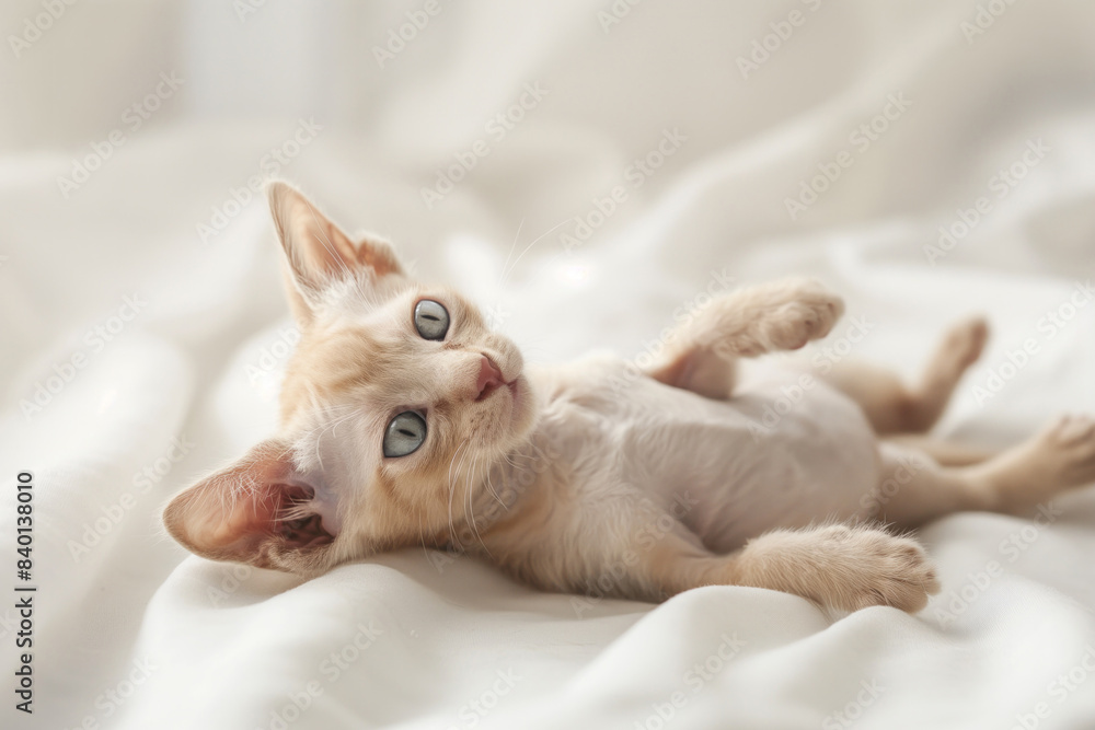 Light-colored kitten with blue eyes lying on a soft white fabric Light-colored kitten with blue eyes lying on a soft white fabric