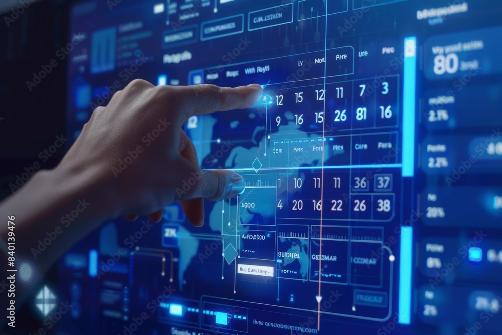 Professional handles tasks efficiently using a digital calendar. Calendar on the virtual screen interface. Highlight appointment reminders and meeting agenda on the calendar. Time management concept Professional handles tasks efficiently using a digital calendar. Calendar on the virtual screen interface. Highlight appointment reminders and meeting agenda on the calendar. Time management concept