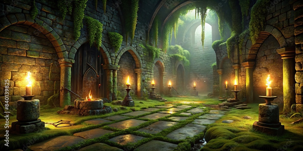 Dark, eerie dungeon with torches casting shadows on mosscovered walls