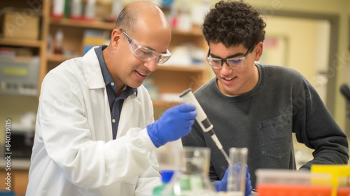 Mentor guiding a teenager through a science experiment in a well-equipped laboratory