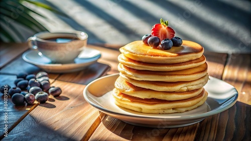A stack of fluffy pancakes on a breakfast plate with playful shadows, pancakes, breakfast, plate, food, tasty, delicious, stack, shadows, pattern, morning, brunch, sweet, dessert, cooking photo
