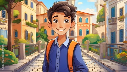 portrait of a school boy in the townl, cartoon style photo