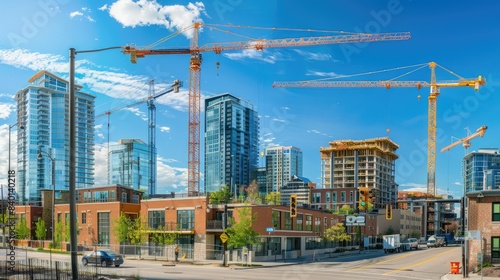 Abstract picture of city building construction sites development and tower cranes. Compatible for business, property, and real estate related contents.