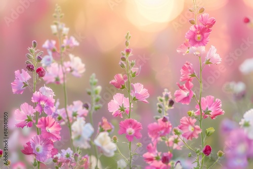 Abundant pink flowers in field with blurred background