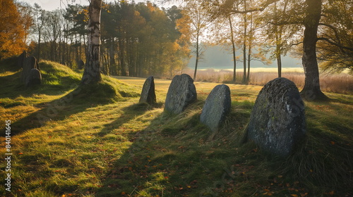 Viking burial site with ancient rune stones and burial mounds photo