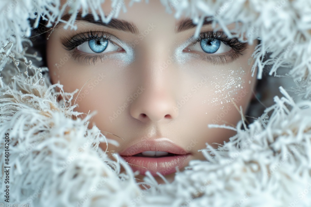 Woman in white fur coat hiding face with blue eyes Woman in white fur coat hiding face with blue eyes