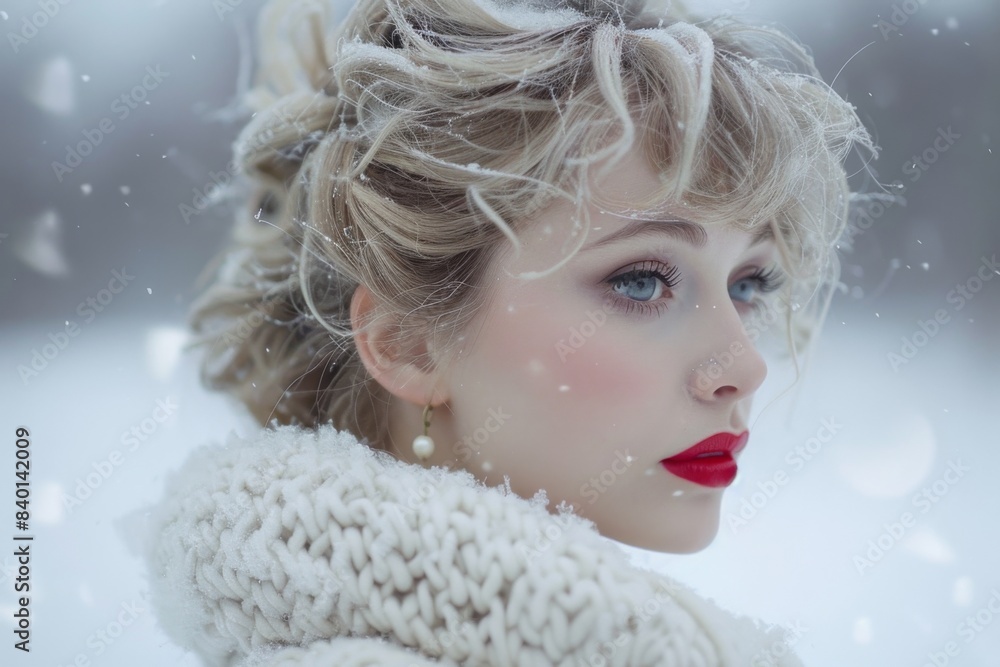 Snowy scene: blonde lady red lips white scarf Snowy scene: blonde lady red lips white scarf