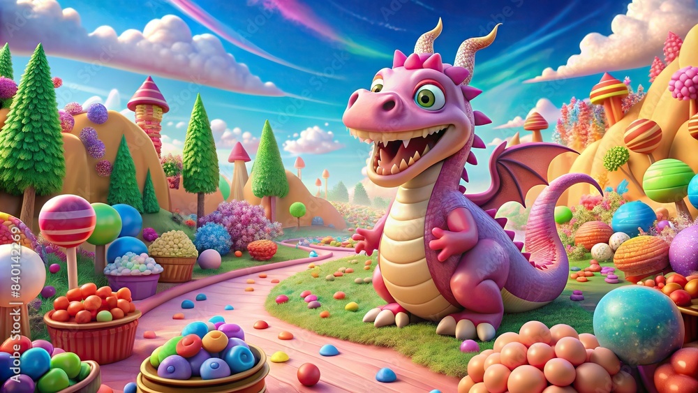 of a giggling dragon in a candy land with beautiful scenery , dragon, candy land, whimsical, magical, fantasy, children's book, colorful, playful, sweet, enchanted, mystical, fairytale