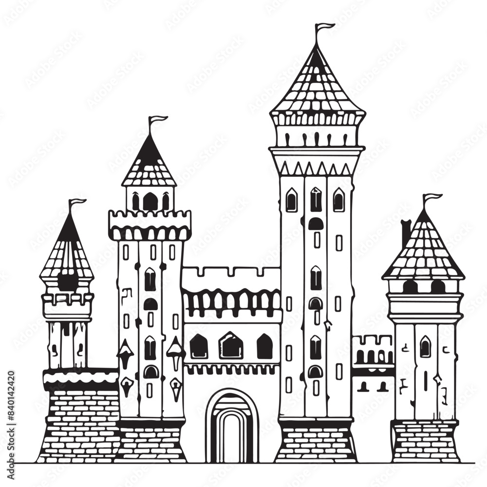 Naklejka premium Line art cartoon design of castle palace, black vector illustration on white background