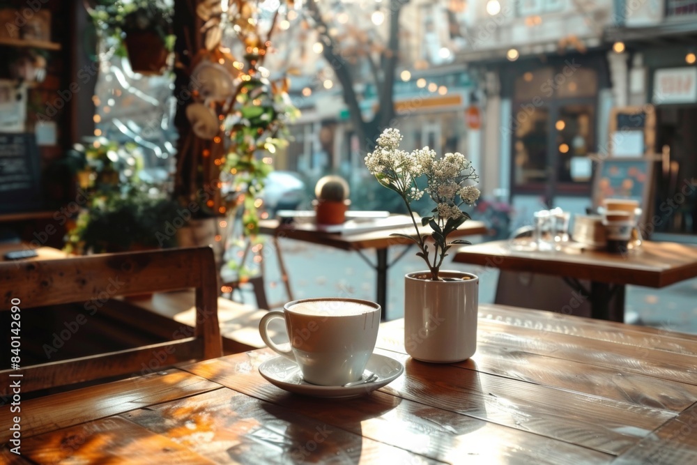 Coffee cup, vase flowers on table Coffee cup, vase flowers on table