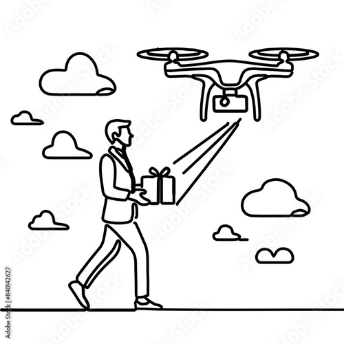 Continuous one line drawing of man flying delivery drone