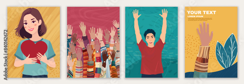 Leaflet - cover with group of volunteer multicultural people - editable poster template. Charity and solidarity donation. Community of volunteers. Voluntary concept