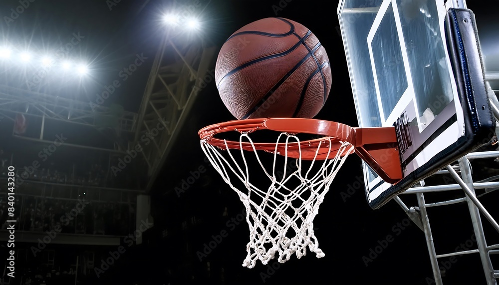 Basketball scoring a basket as it goes through the hoop and making a swish in the net Basketball scoring a basket as it goes through the hoop and making a swish in the net
