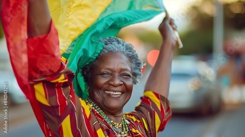 
Happy African American retired woman holding red, green and yellow flag symbolizing Juneteenth freedom and African liberation day. Black lives matter. Black History Month
